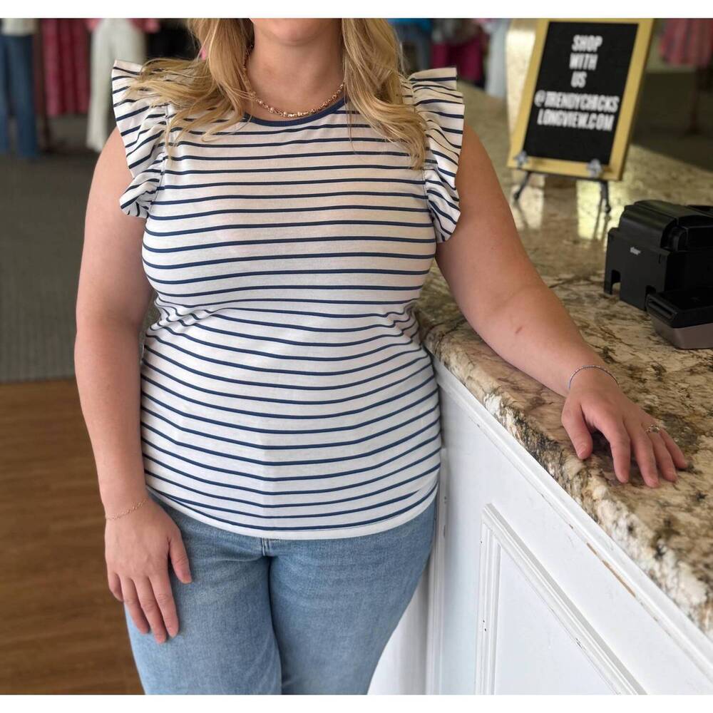 NEW ANOTHER LOVE harbor stripe ruffle sleeve top in navy/ivory